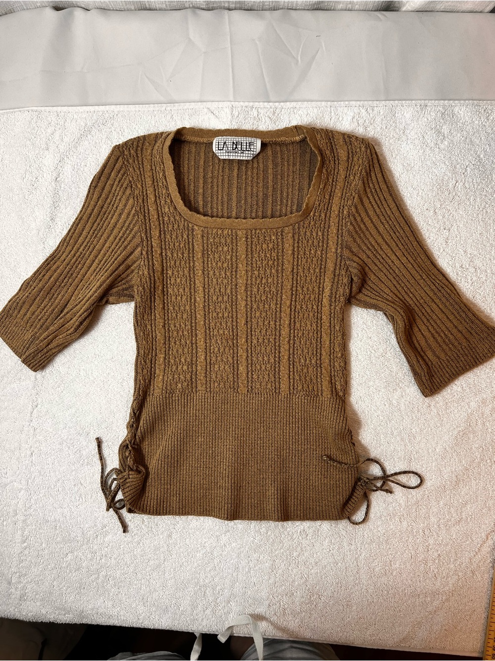 La Belle Brown Ribbed V-Neck Tie-Side Knit Sweater